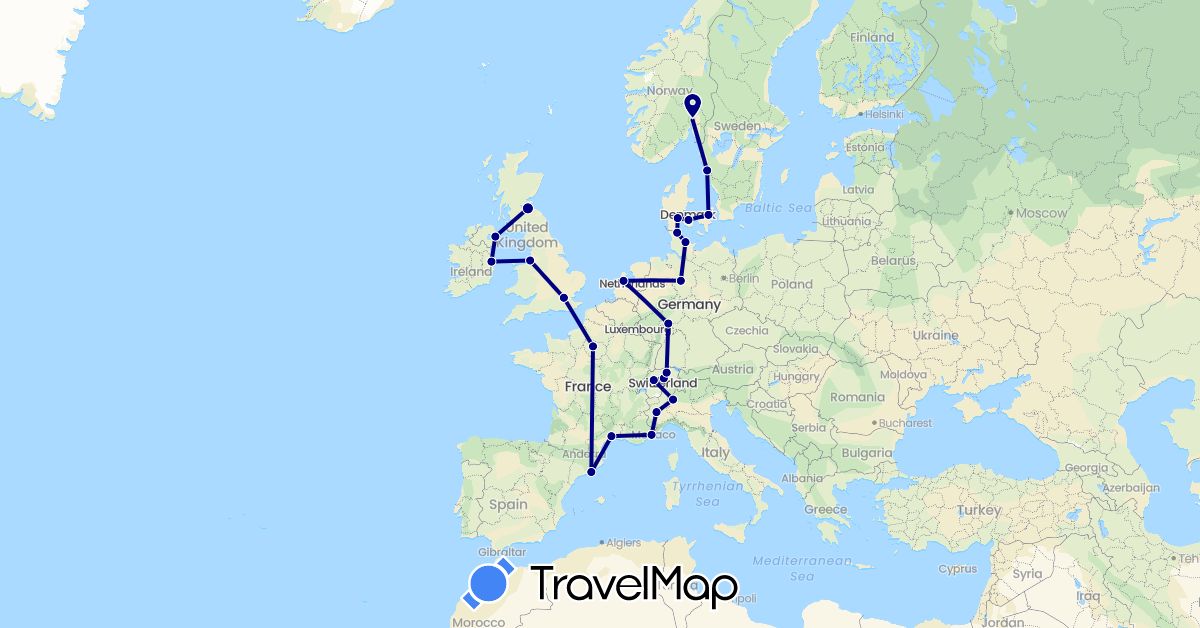TravelMap itinerary: driving in Switzerland, Germany, Denmark, Spain, France, United Kingdom, Ireland, Italy, Netherlands, Norway, Sweden (Europe)